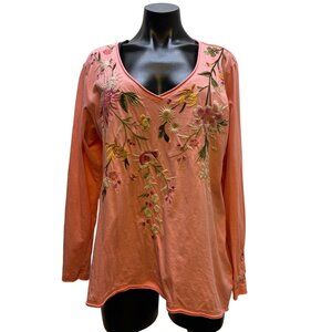 Johnny Was Orange Embroidered Cotton Long Sleeve Blouse V-Neck Size L